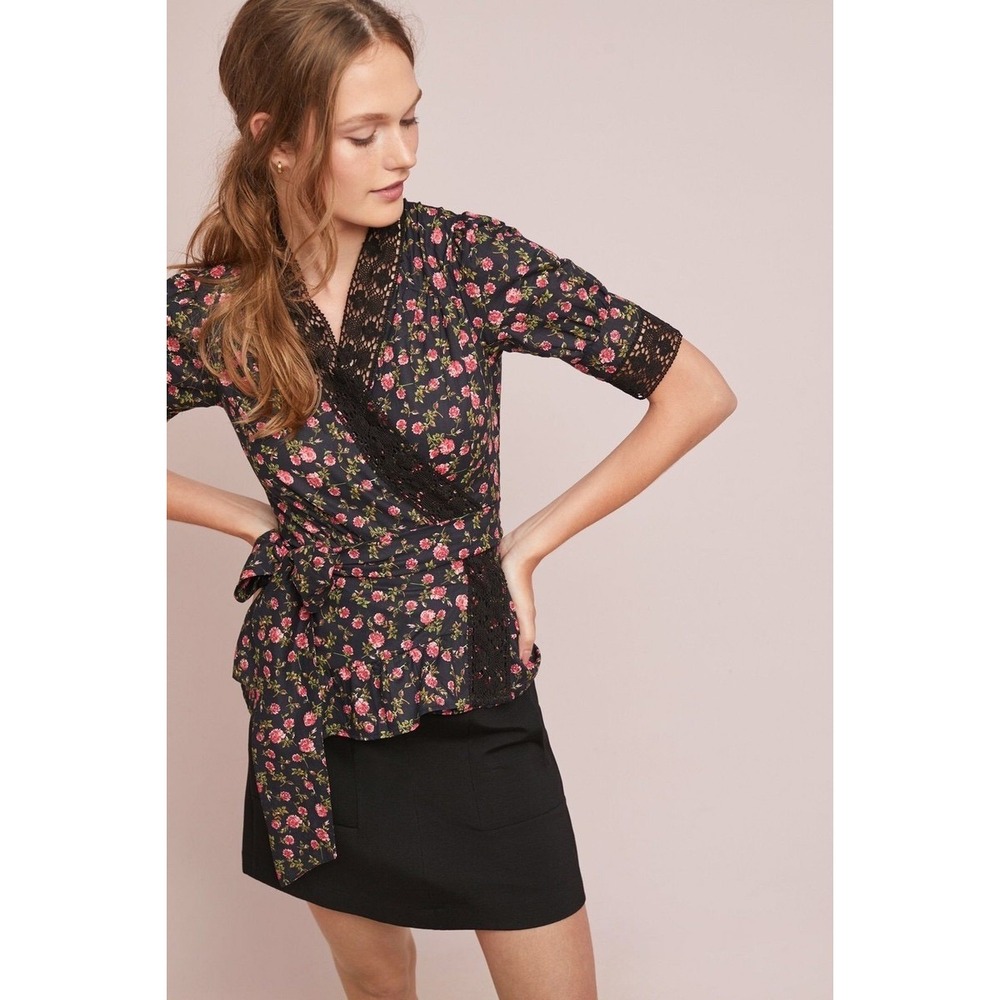 Anthropologie Lavaudie Floral Wrap Top in Black Motif by Kopal‎ | Size Medium